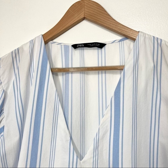 Zara V-Neck Striped Balloon Sleeve High Low Blouse Size M - Picture 3 of 15